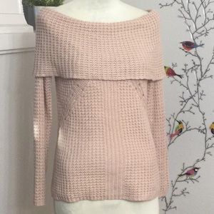 Ohmg Lace Up Off the Shoulder Pink Junior Sweater